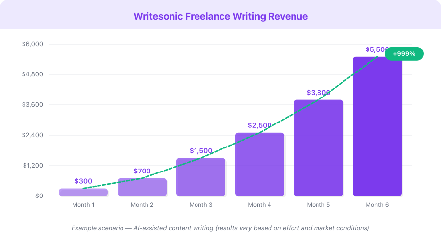 Writesonic example earnings progression over 6 months